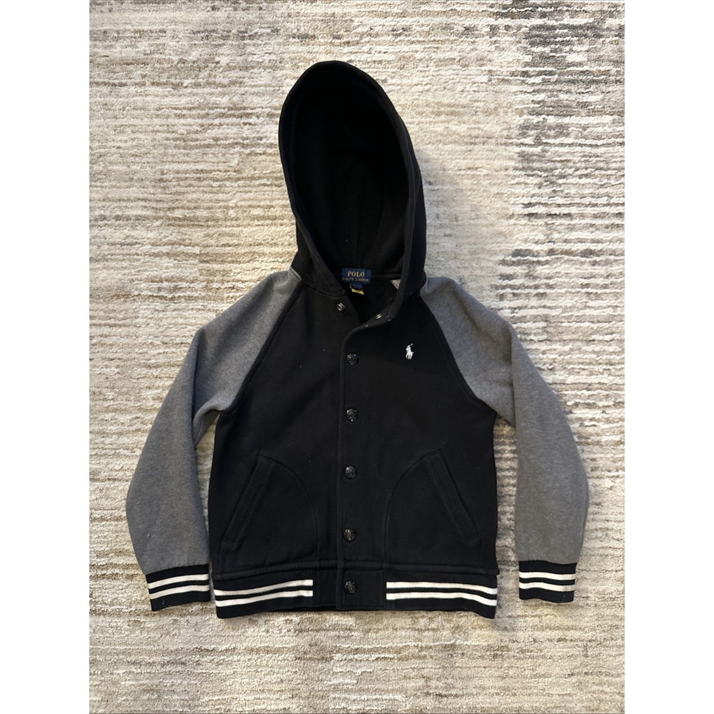 Polo Ralph Lauren Jacket Youth Black/Gray Sz 6 Varsity Hooded Snap Buttons Logo